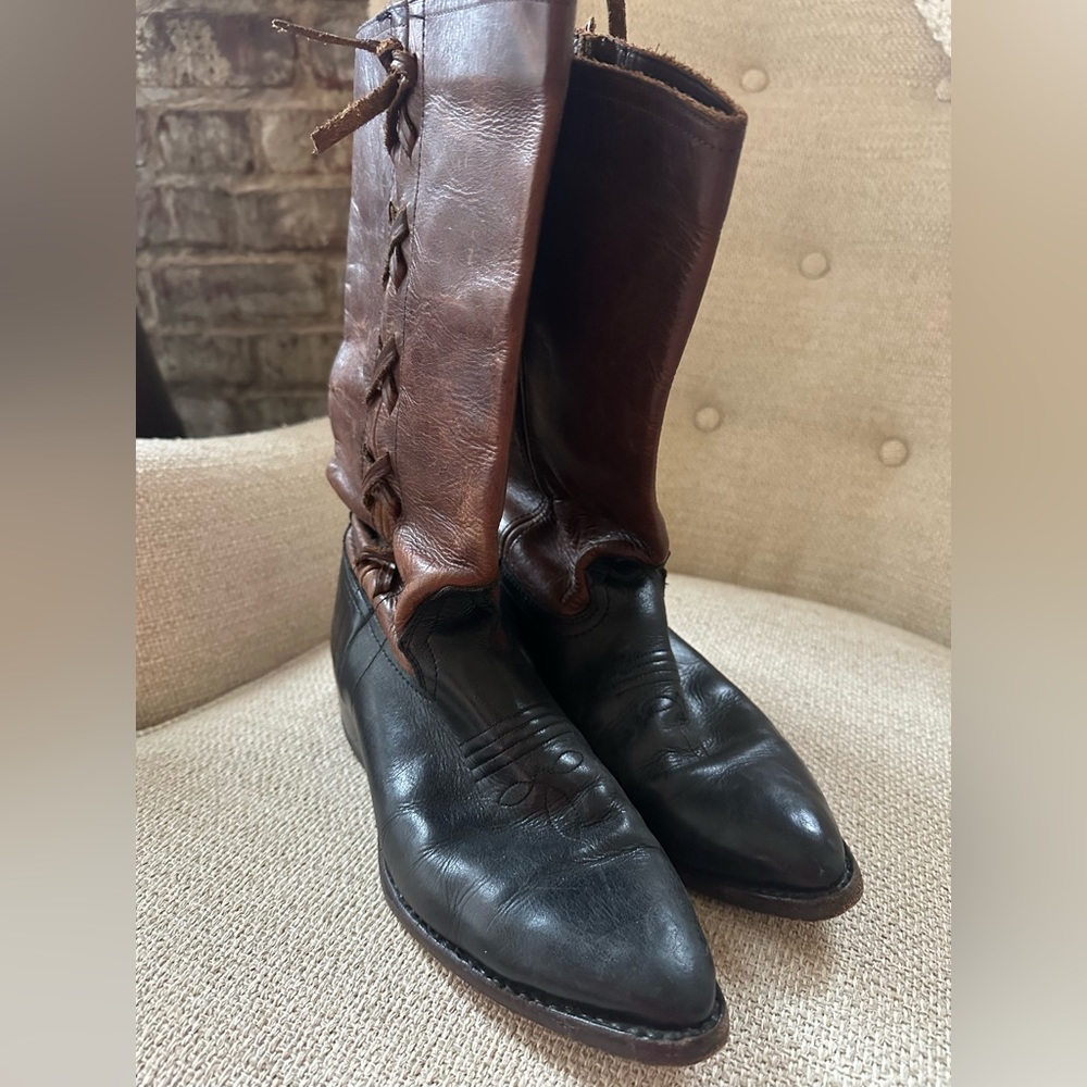 Brown and black leather Frye cowboy boots